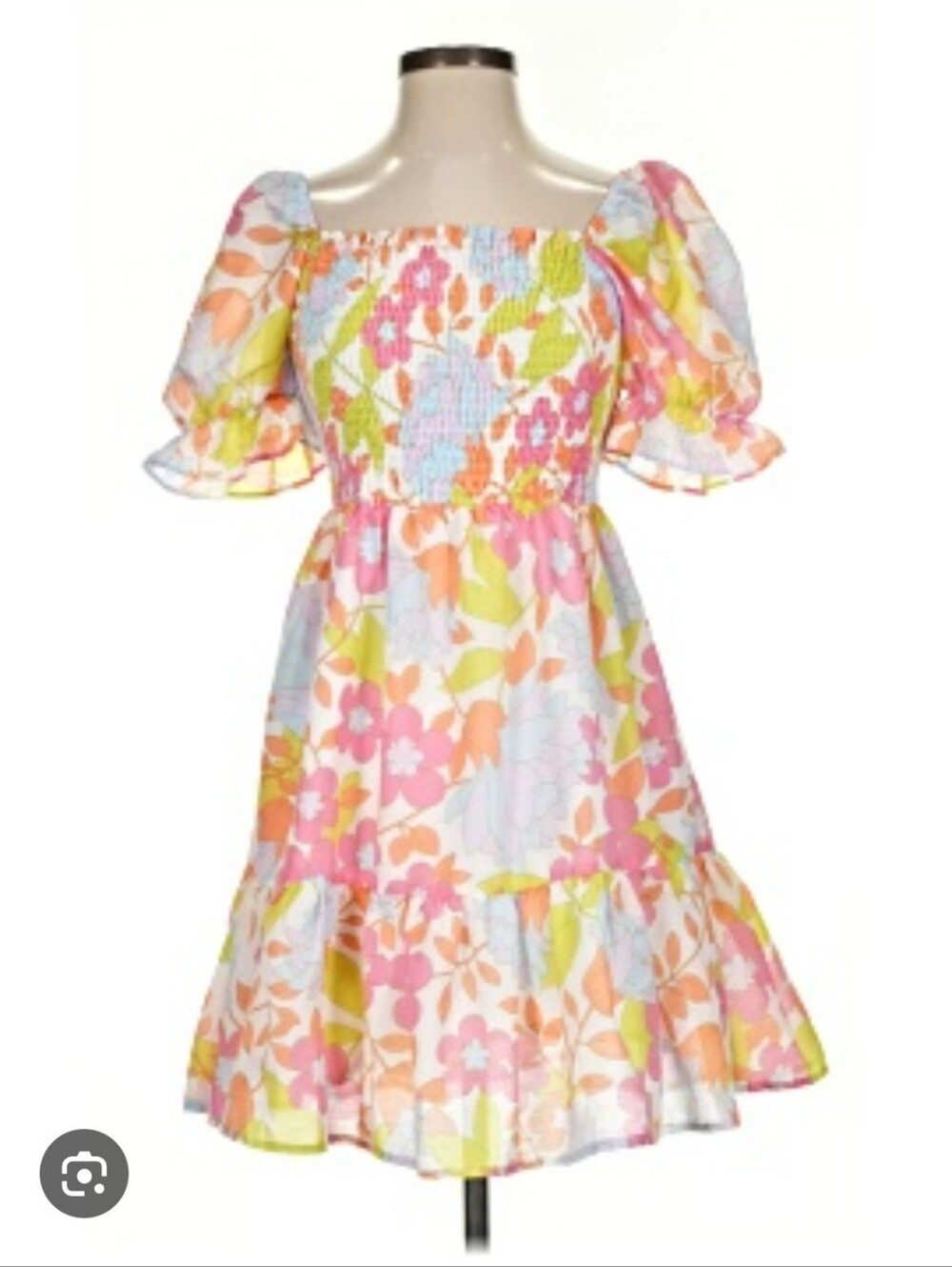 J. Marie Floral Tropical Puff Sleeve‎ Squareneck Midi Dress Ruched XL Farmhouse